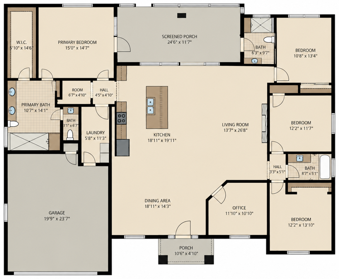 The Anna Marie model floor plan by Wise Choice Custom Homes, 4 bedrooms, 3 baths, office, 2,530 sq ft